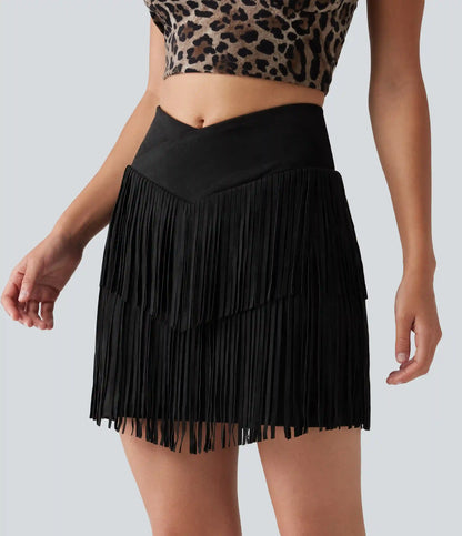 Crossover High Waisted 2-in-1 Fringe Hem Bodycon Mini Suede Party Skirt-Longer Length