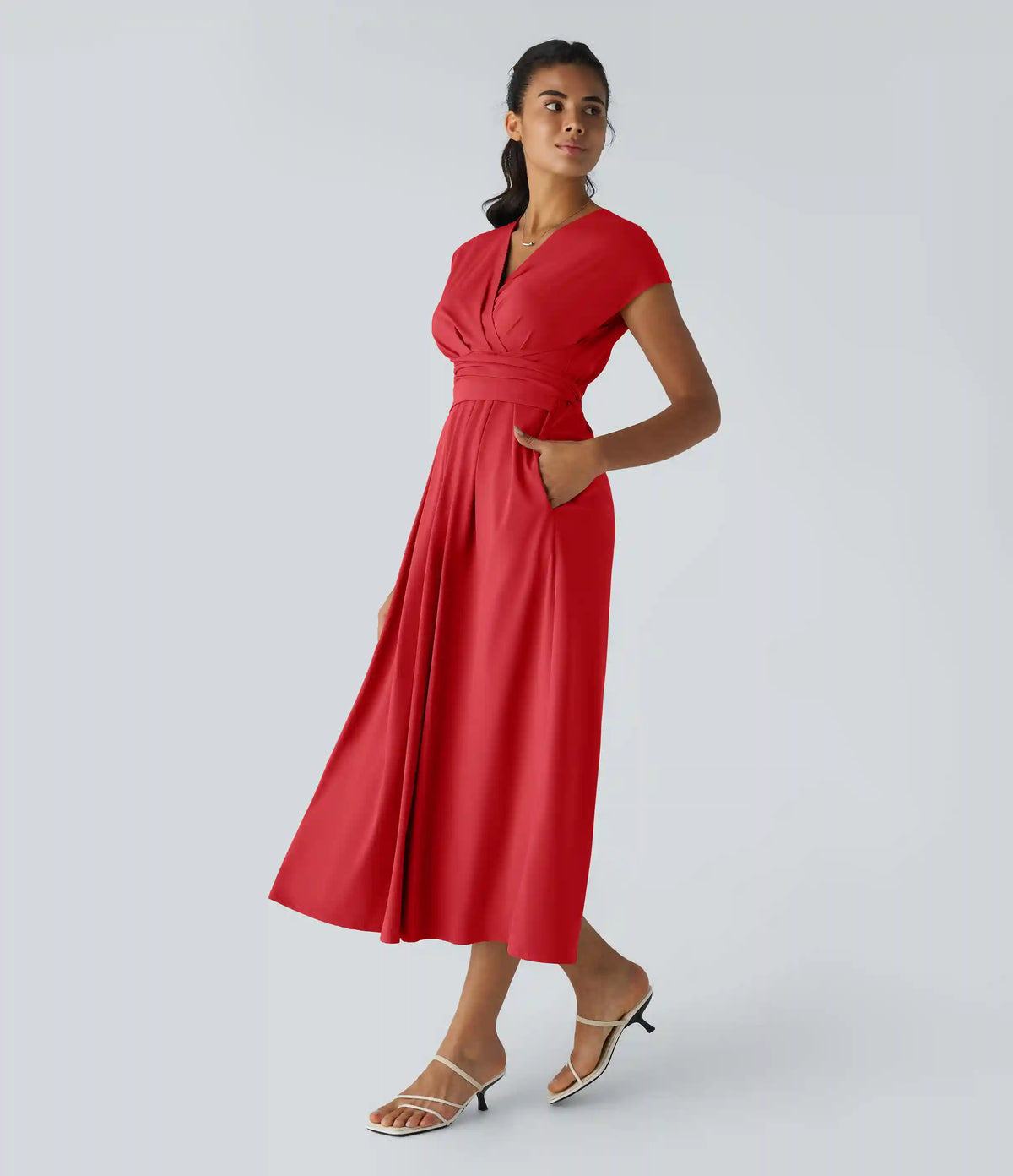 Breezeful™ V Neck Short Sleeve Pocket Tie Back Quick Dry Midi Casual Dress-Longer Length