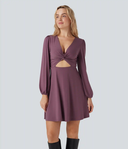 V-neck Cut-out Long Sleeve Zipper Mini Dress