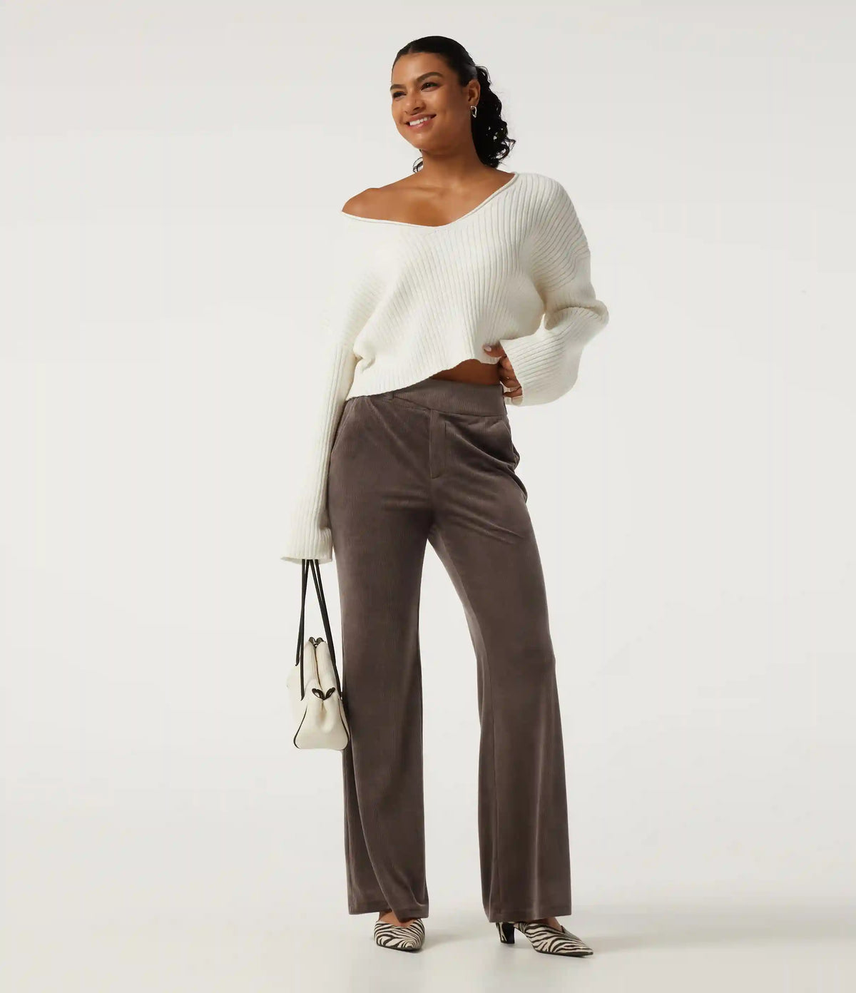 High Waisted Tummy Control Asymmetric Flare Corduroy Casual Pants with Pockets