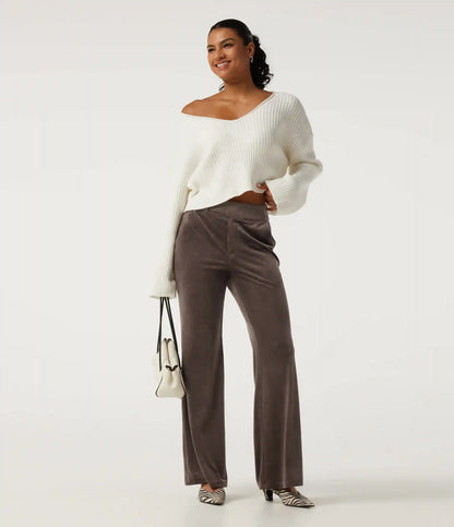High Waisted Tummy Control Asymmetric Flare Corduroy Casual Pants with Pockets