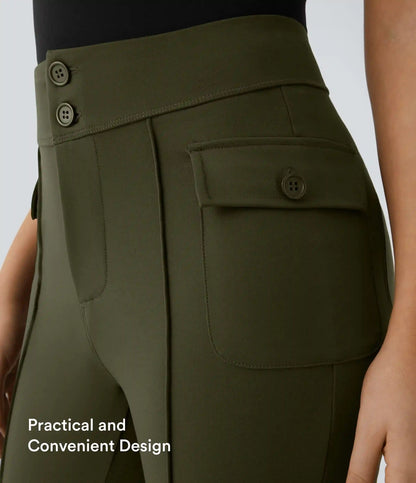 High Waisted Side Flap Pocket Flare Casual Cargo Pants