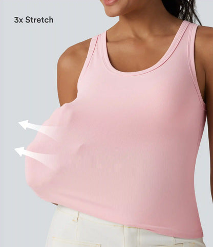 Ribbed Knit U Neck Built-in Bra Dance Tank Top B-E Cups