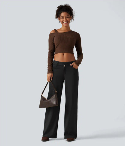 Low Rise Asymmetric Wide Leg Casual Cotton Pants with Pockets