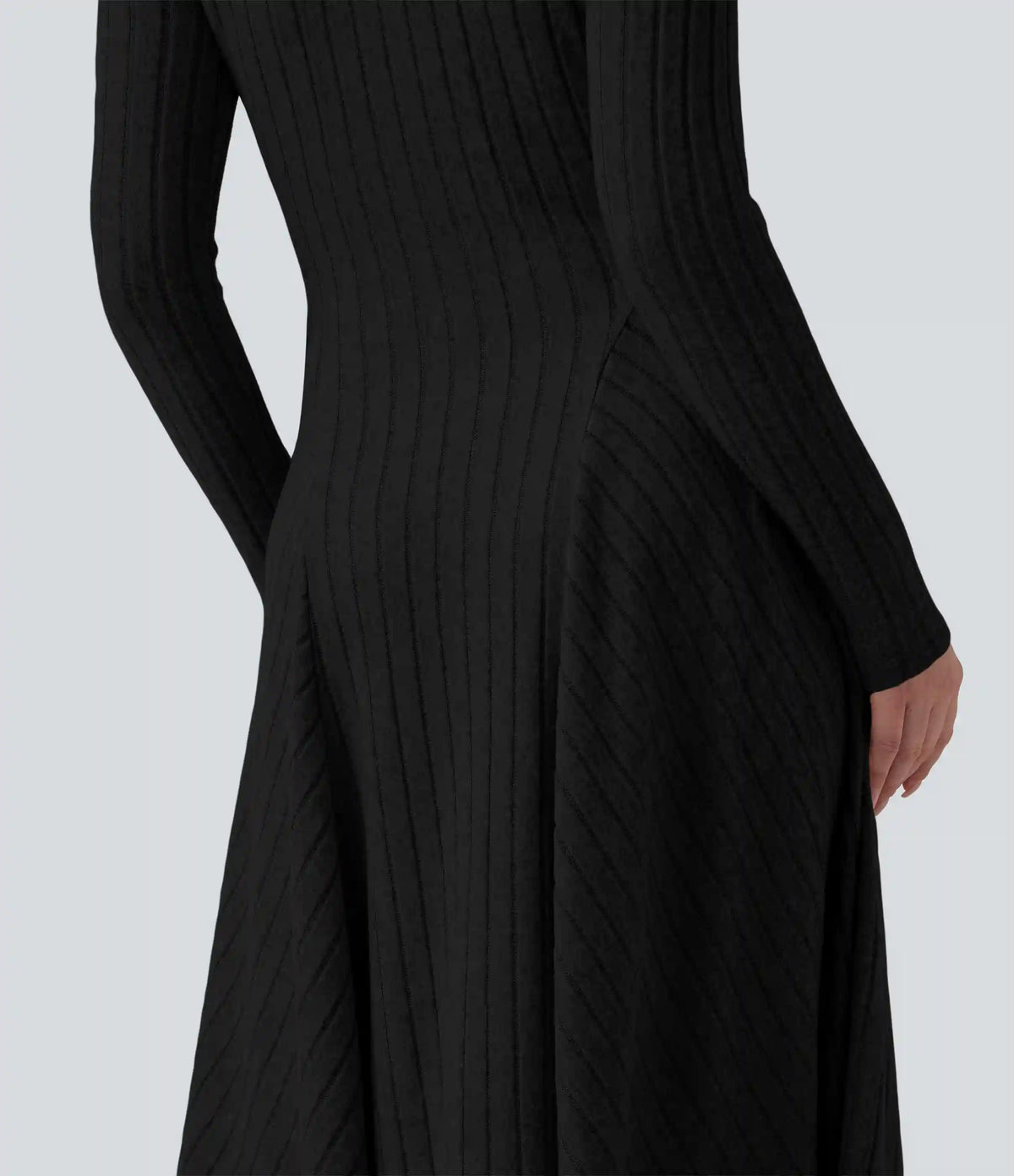 Ribbed Knit V Neck Long Sleeve Flare Midi Casual Dress with Pockets