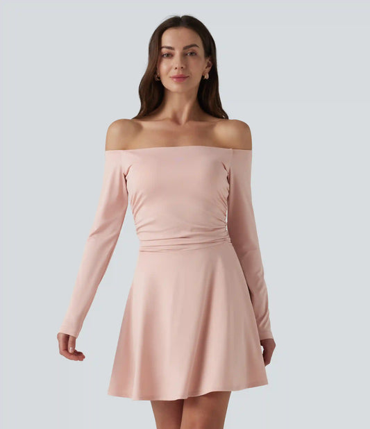 Off-shoulder Long Sleeve Ruched 2-in-1 Built-in Bra Casual Dress with Pocket-Easy Peezy