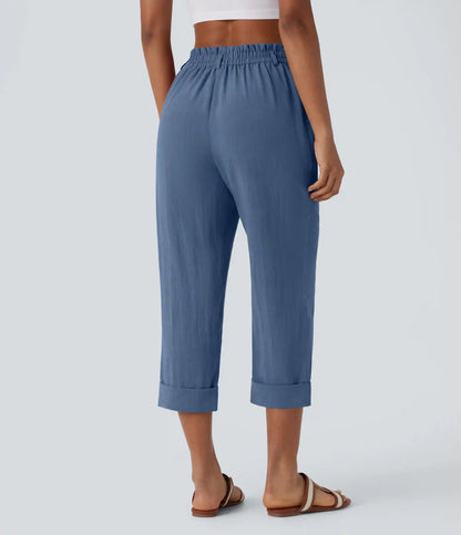 High Waisted Zipper Pocket Cropped Linen-Feel Pants