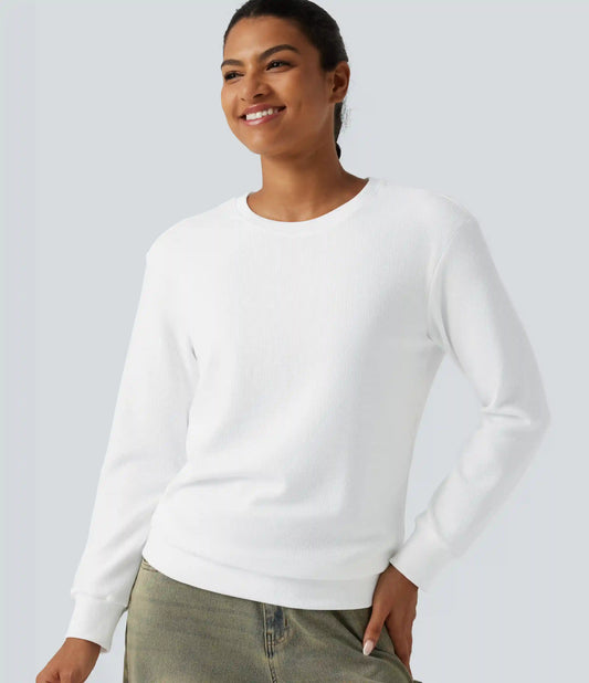 Round Neck Long Sleeve Waffle Casual Tops