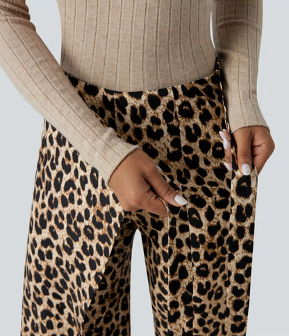 High Waisted Tie Side Wide Leg Leopard Print Work Pants