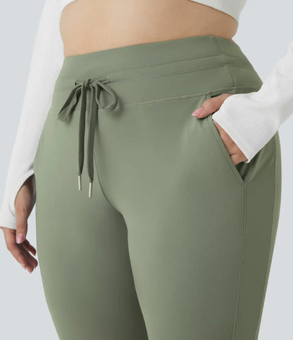 SoftlyZero™ Plush High Waisted Drawstring Pocket Plain Full Length Plus Size Joggers