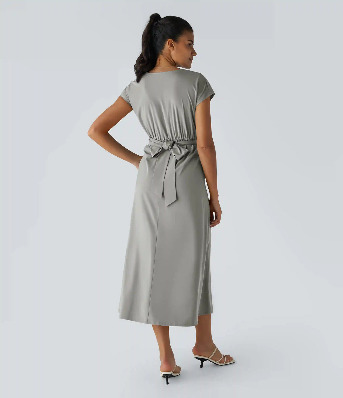 Breezeful™ V Neck Short Sleeve Pocket Tie Back Quick Dry Midi Casual Dress-Longer Length