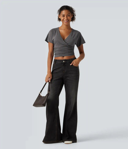 V Neck Flounce Short Sleeve Ruched Casual T-Shirt