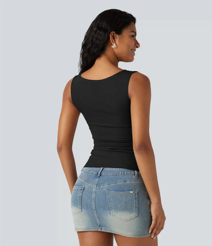 Boat Neck Ruched Casual Tank Top