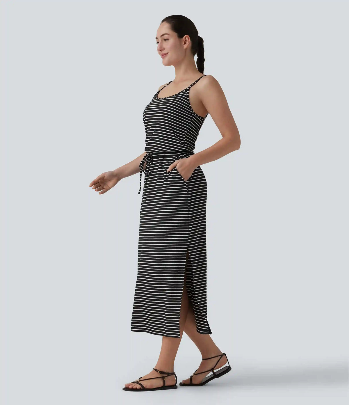 Built-in Bra Drawsting Stripe Midi Casual Dress with Pockets