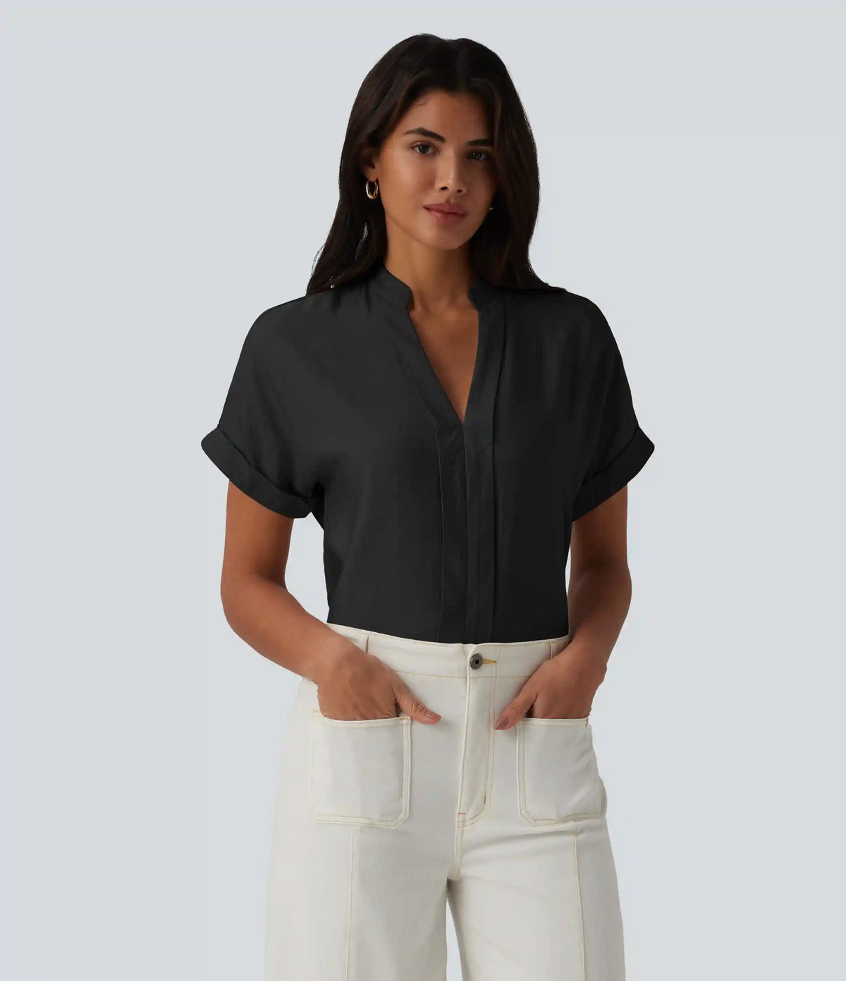 V Neck Short Sleeve Linen-Feel Work Shirt