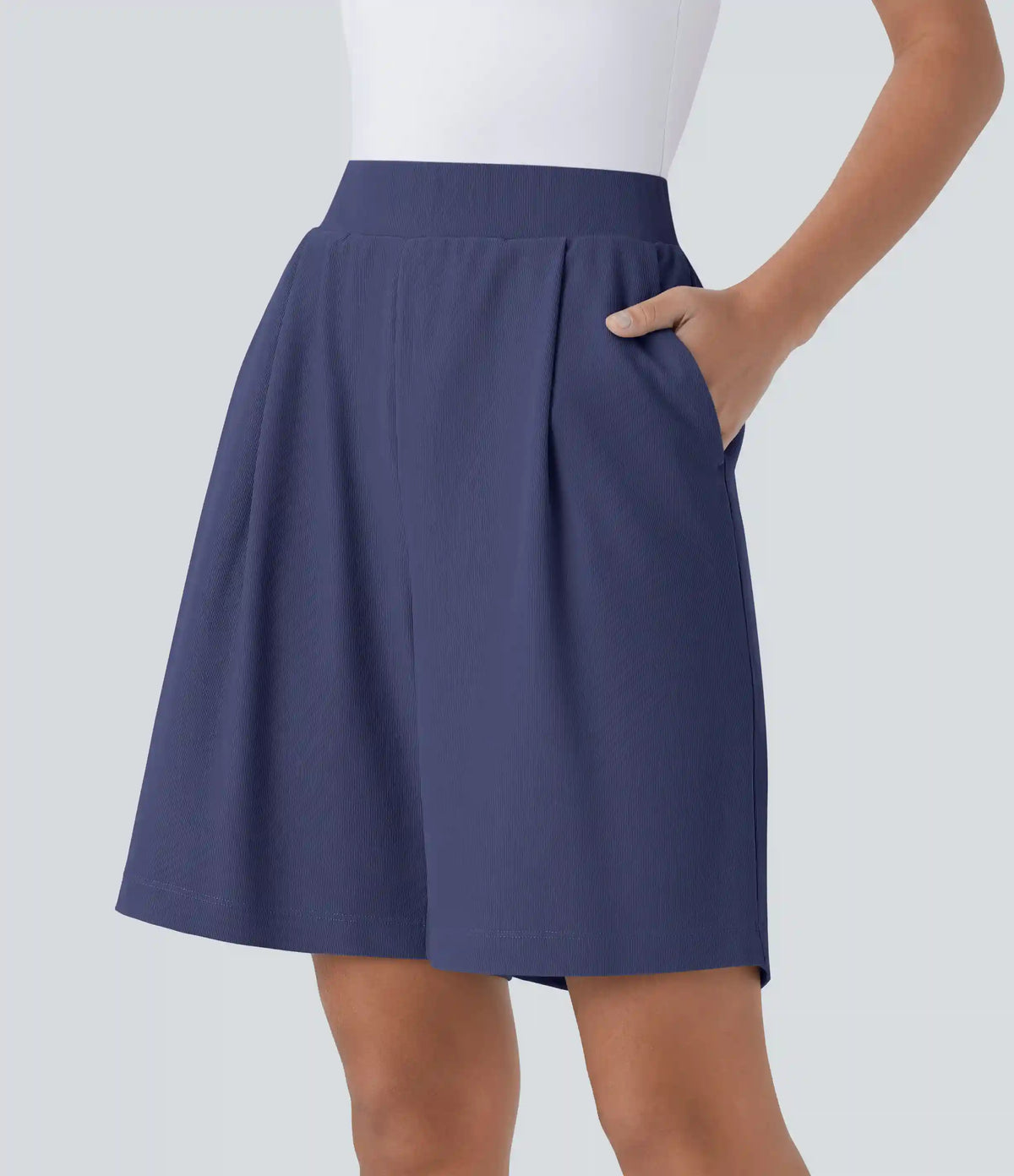 High Waisted Body Sculpt Waist-Slimming Pocket Micro Waffle Work Bermuda Shorts