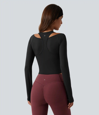 Long Sleeve Ruched Built-in Bra Cut-Out Back InstantCool Yoga Sports Top B-D Cups-UPF50+