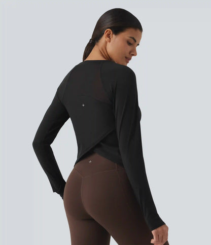 SoftlyZero™ Airy Quick Dry Round Neck Raglan Long Sleeve Mesh Back Crossover Yoga Sports Top with Thumb Holes