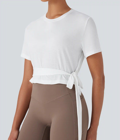 Round Neck Short Sleeve Tie Side Yoga Sports Top
