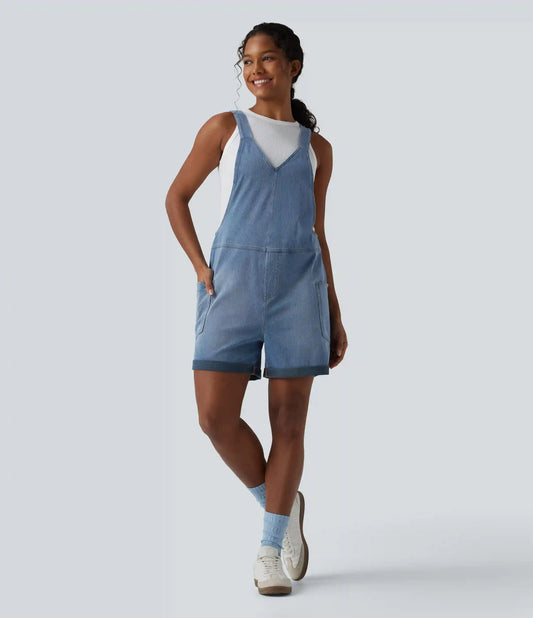 Halara Flex™ V Neck Rolled Hem Washed Denim Casual Short Overalls with Pockets