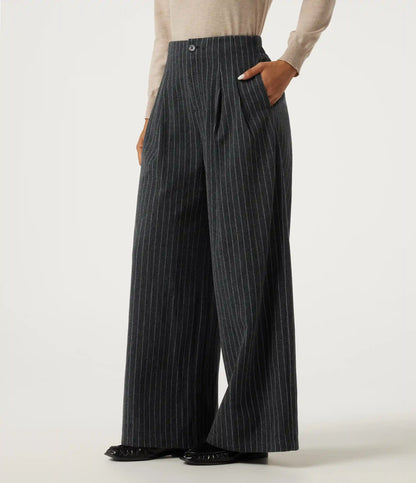 High Waisted Wide Leg Stripe Fleece Work Pants with Pockets
