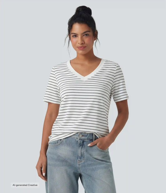 V Neck Short Sleeve Stripe Casual T-Shirt