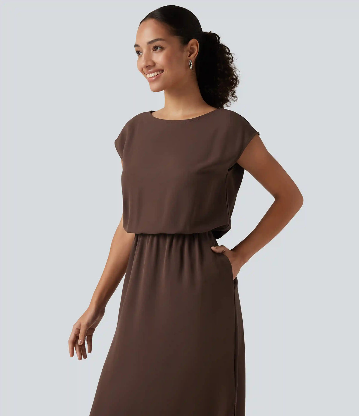 Boat Neck Cap Sleeve Midi Work Dress with Pockets