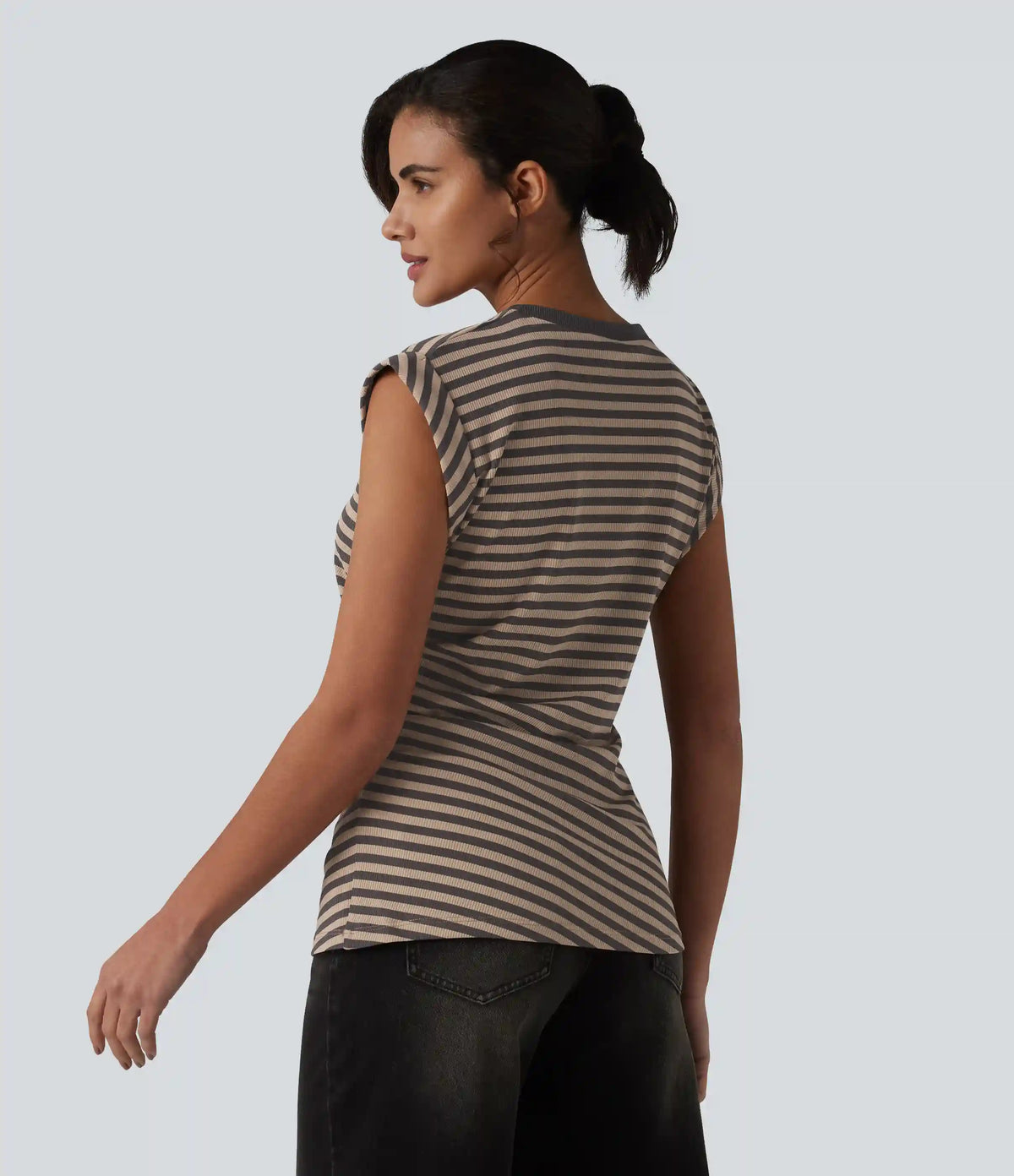 Ribbed Knit Round Neck Cap Sleeve Stripes Casual T-Shirt