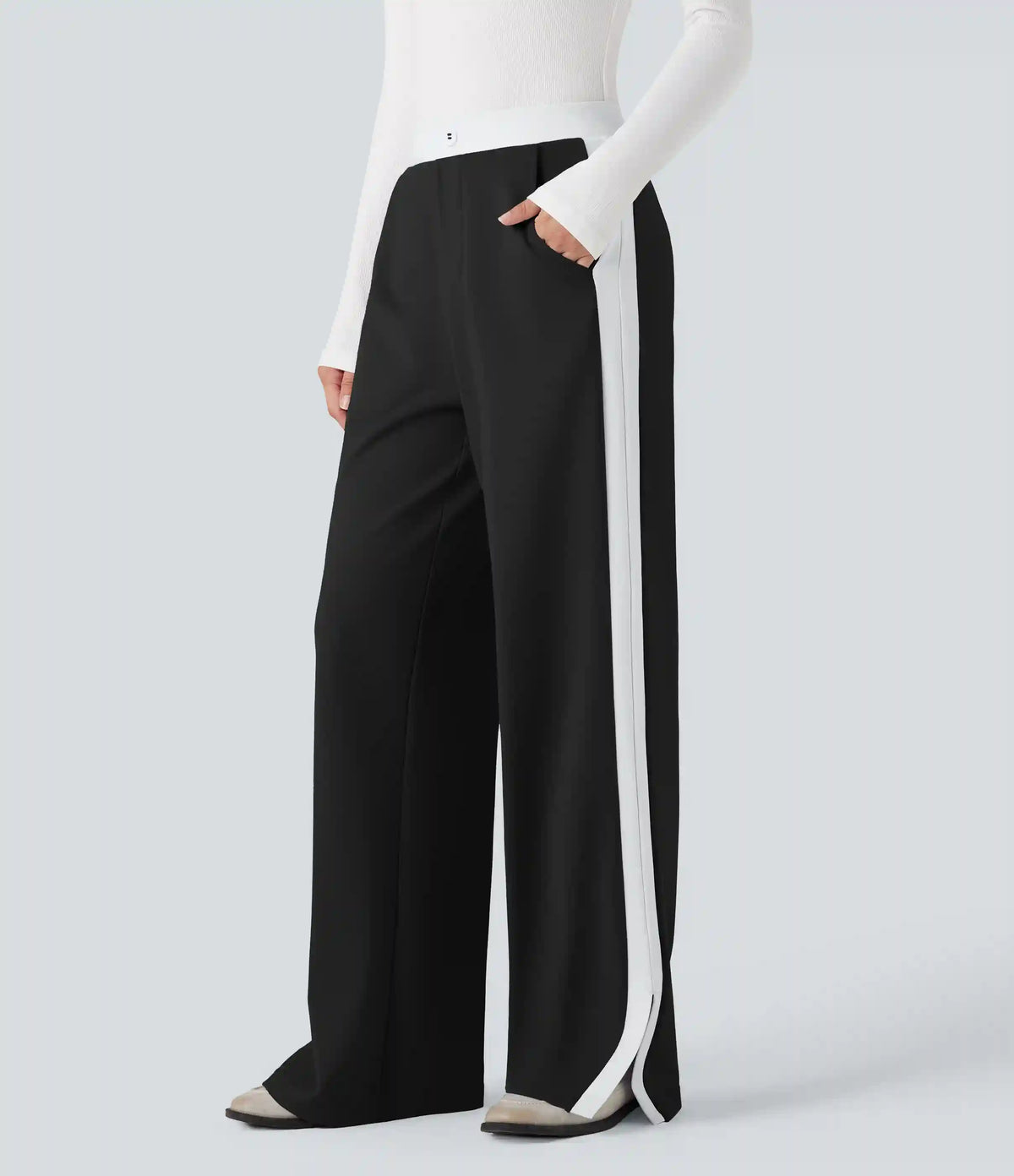 Mid Rise Color Block Split Work Straight Leg Pants with Pockets