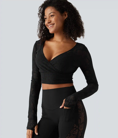 Softlyzero™ Deep V Neck Long Sleeve Contrast Lace Yoga Sports Top