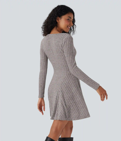 Ribbed Knit V Neck Long Sleeve Flare Mini Casual Dress