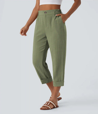 High Waisted Zipper Pocket Cropped Linen-Feel Pants