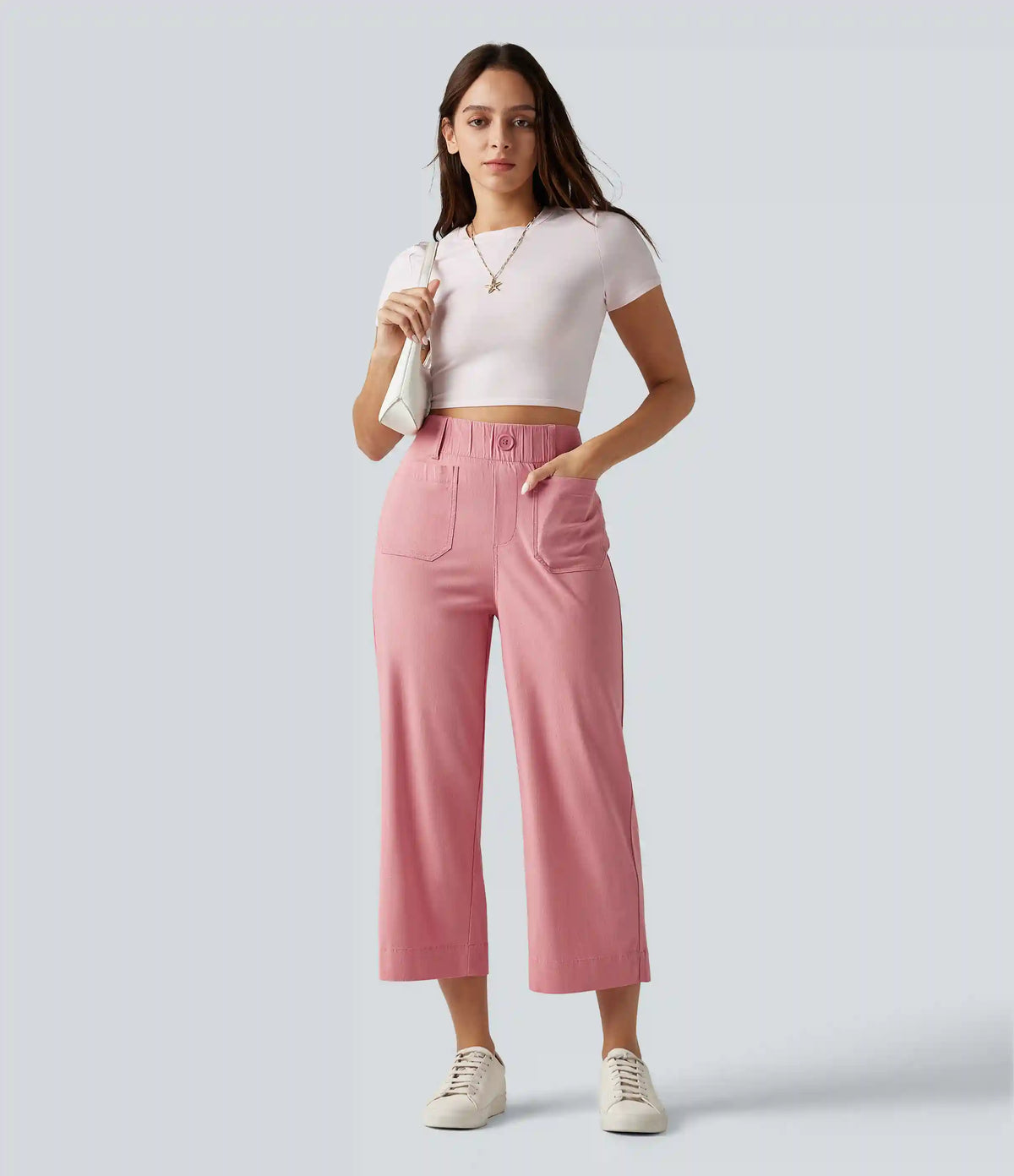 High Waisted Wide Leg Cropped Casual Stretch Linen Pants with Pockets