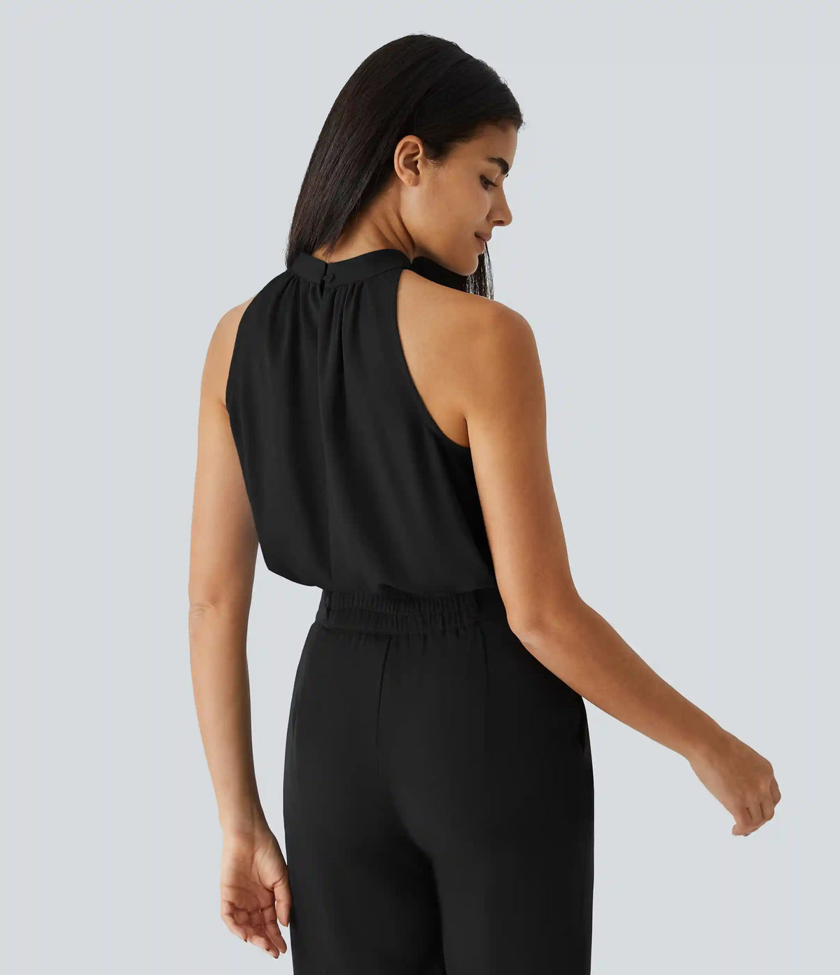 Keyhole Back Halter Sleeveless Curved Hem Work Blouse