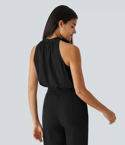 Keyhole Back Halter Sleeveless Curved Hem Work Blouse