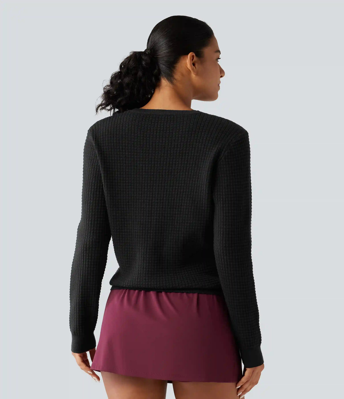 Round Neck Long Sleeve Waffle Casual Sweater