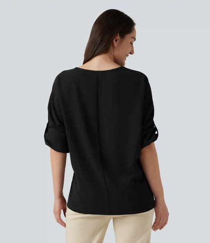 V Neck Long Sleeve Asymmetric Relaxed Work Blouse