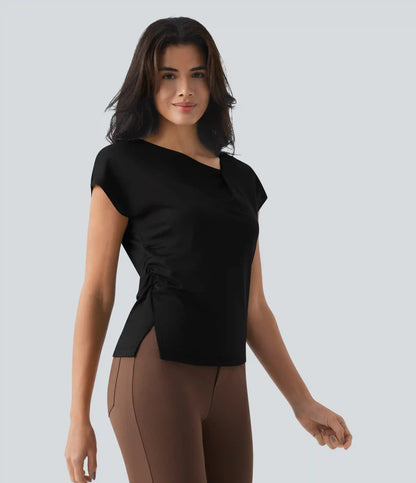 Asymmetric Cowl Neck Short Sleeve Ruched Split Hem Work Blouse
