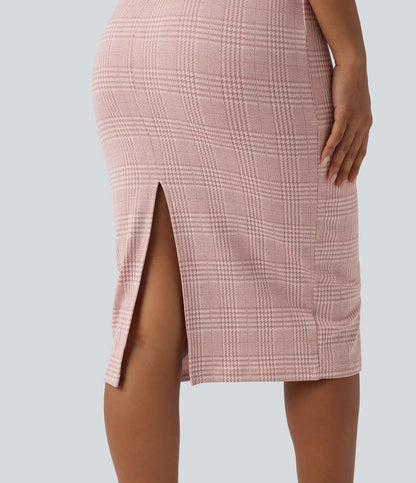High Neck Sleeveless Bodycon Houndstooth Plaid Midi Work Dress