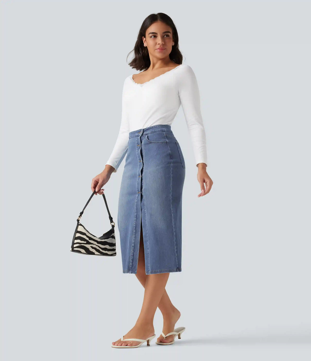 Halara Flex™ High Waisted Denim Bodycorn Midi Casual Skirt with Pockets