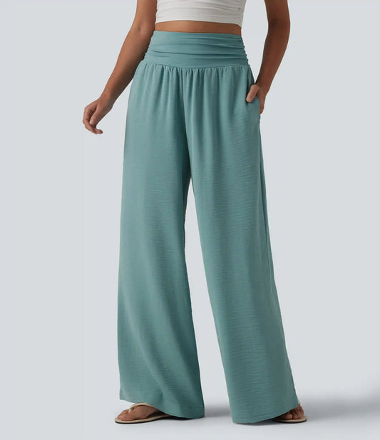 High Waisted Ruched Tummy Control Linen-Feel Casual Baggy Pants with Pockets