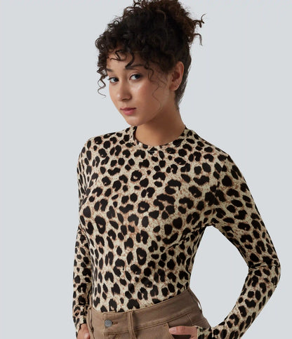 Round Neck Long Sleeve Leopard Print Casual Slim Top
