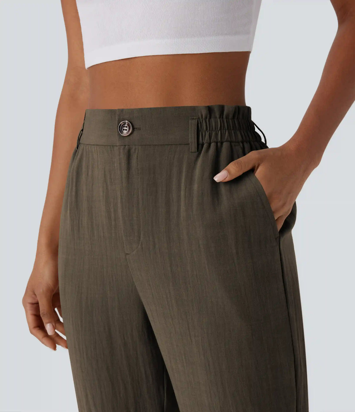 High Waisted Zipper Pocket Cropped Linen-Feel Pants