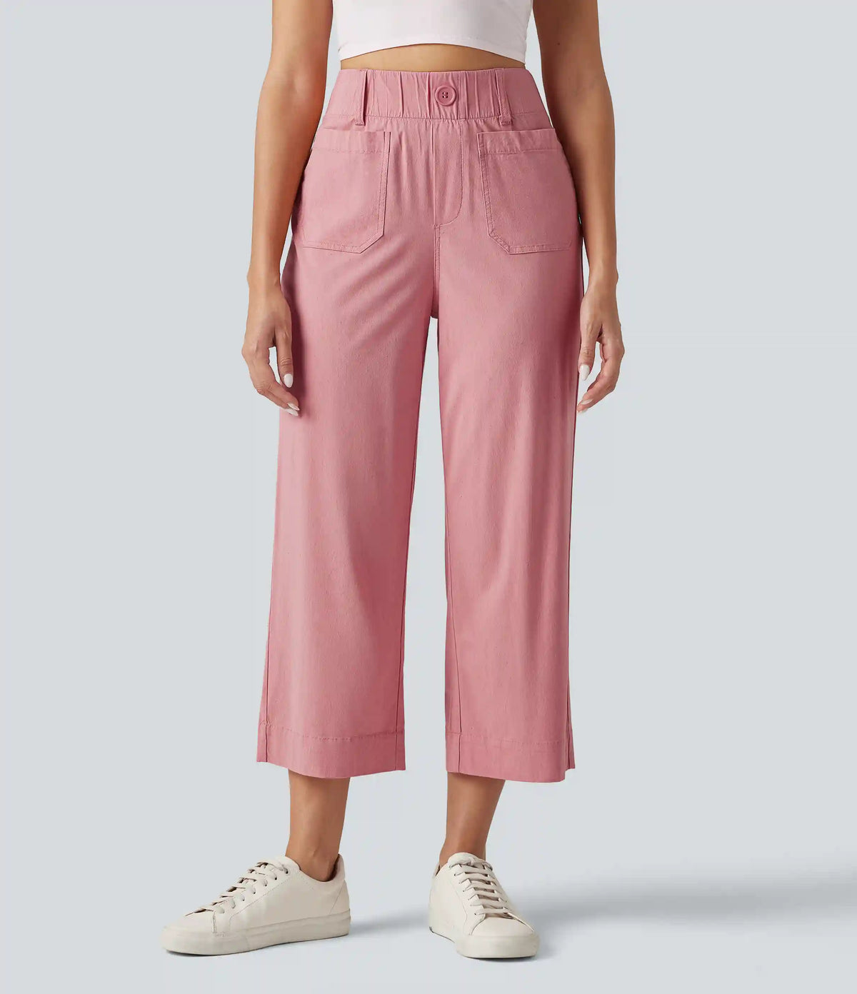 High Waisted Wide Leg Cropped Casual Stretch Linen Pants with Pockets