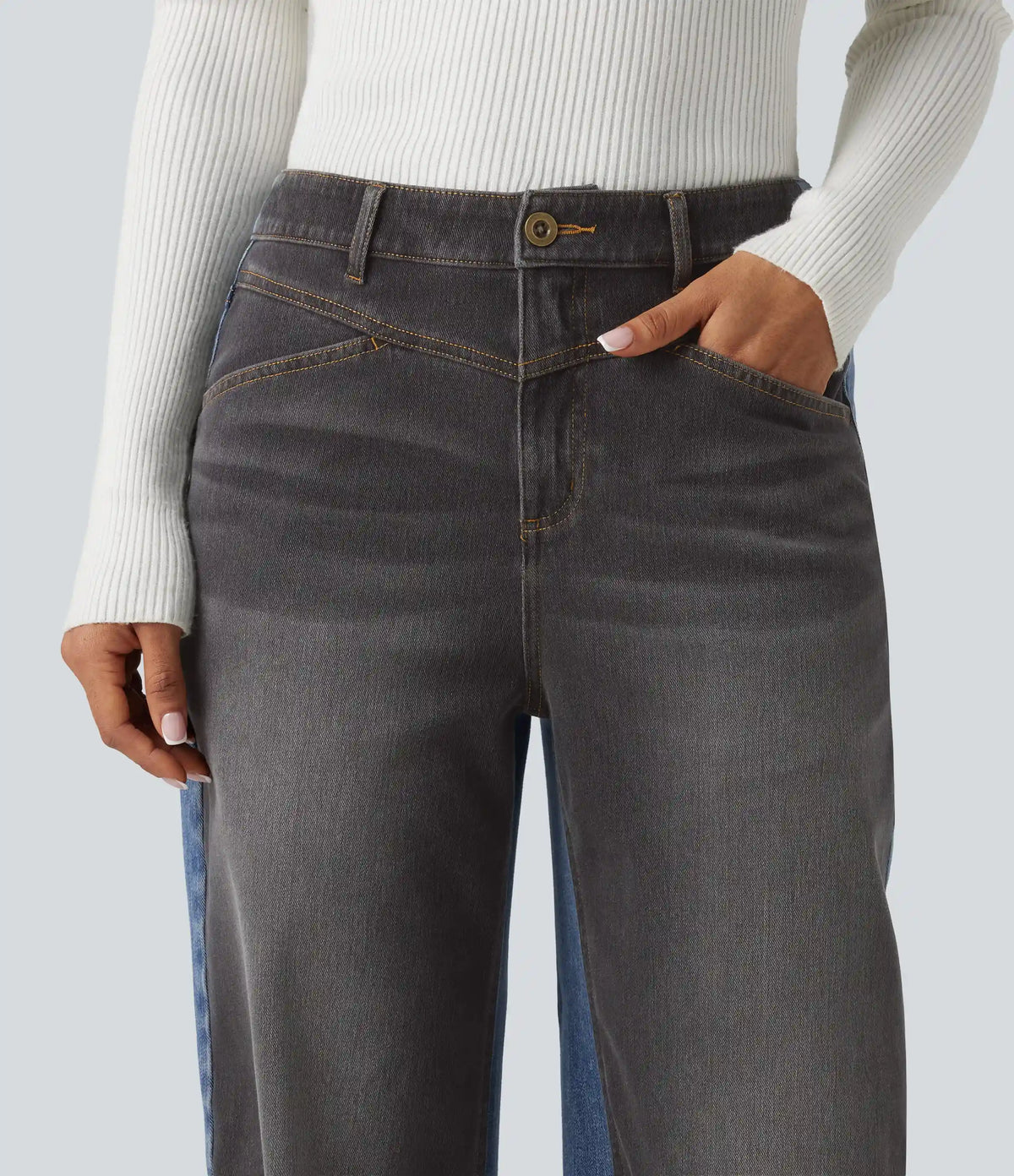 Halara Flex™ Mid Rise Barrel Leg Color Block Casual Jeans with Pockets