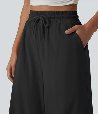 High Waisted Drawstring Wide Leg Baggy Casual Stretch Linen Pants with Pockets