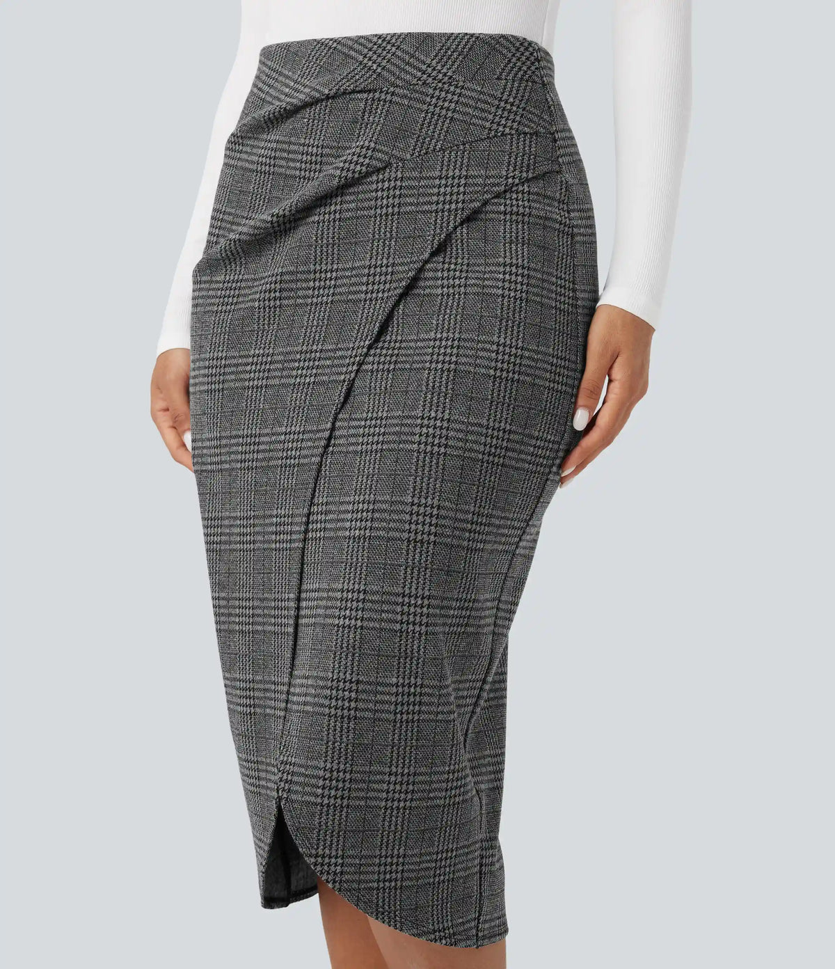 High Waisted 2-in-1 Tulip Hem Houndstooth Plaid Midi Work Skirt