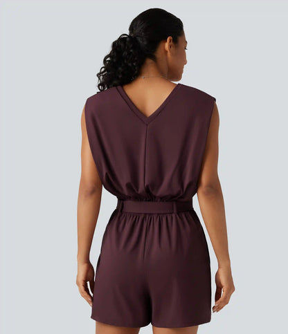 SoftlyZero™ Airy V Neck Sleeveless Belted InstantCool Casual Romper with Pockets-Easy Peezy Edition