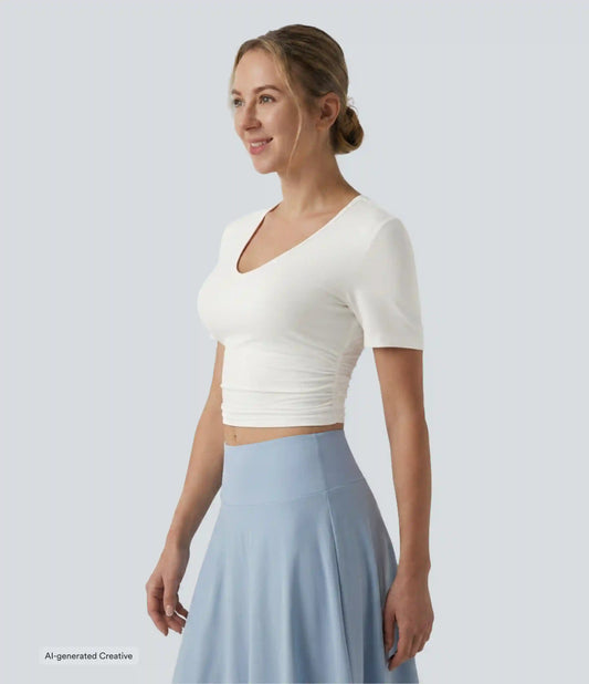 V Neck Short Sleeve Cropped Casual T-Shirt