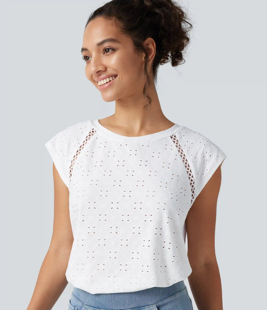 Round Neck Cap Sleeve Cut Out Tie Back Casual Blouse